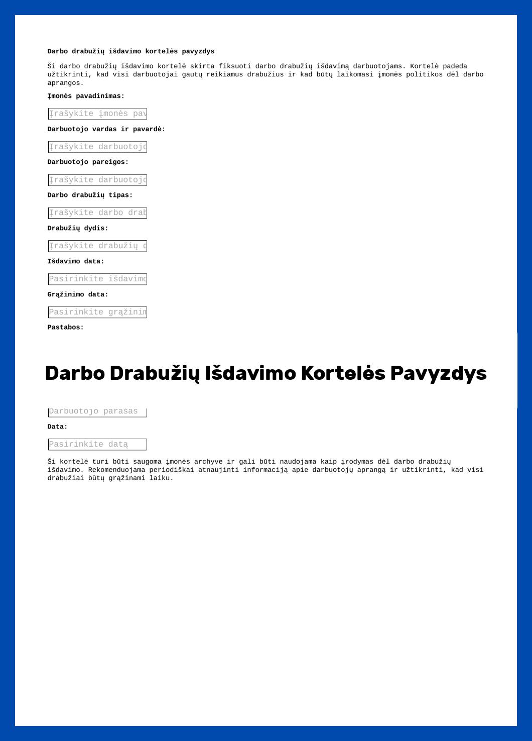 Darbo Drabužių Išdavimo Kortelės Pavyzdys