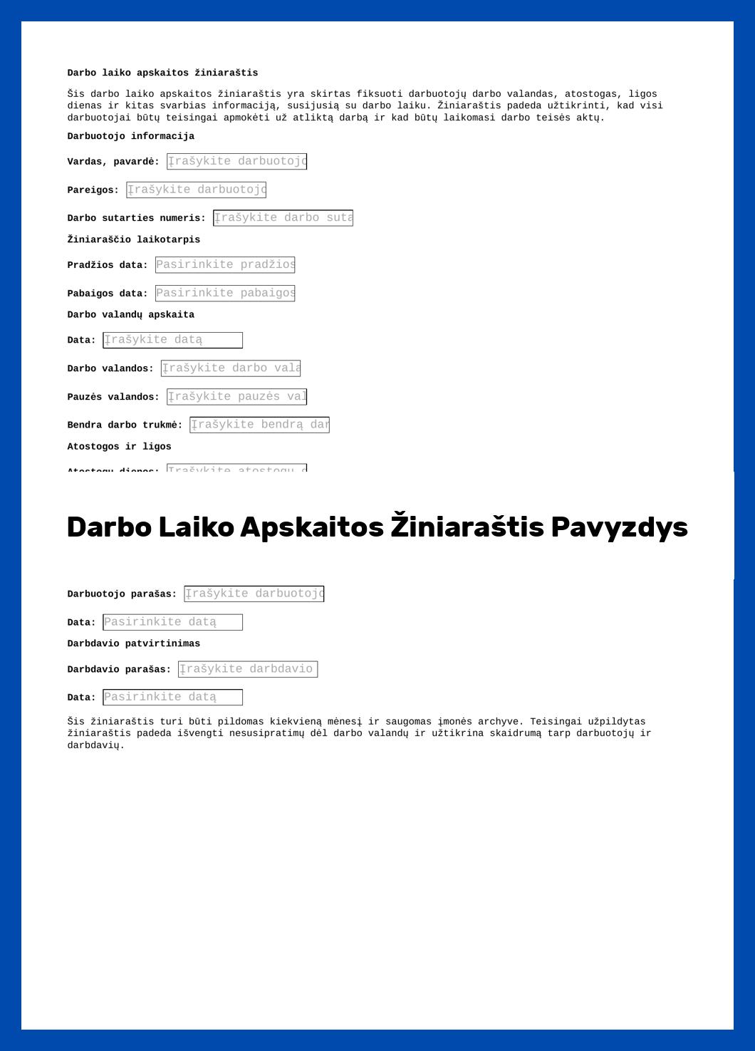 Darbo Laiko Apskaitos Žiniaraštis Pavyzdys