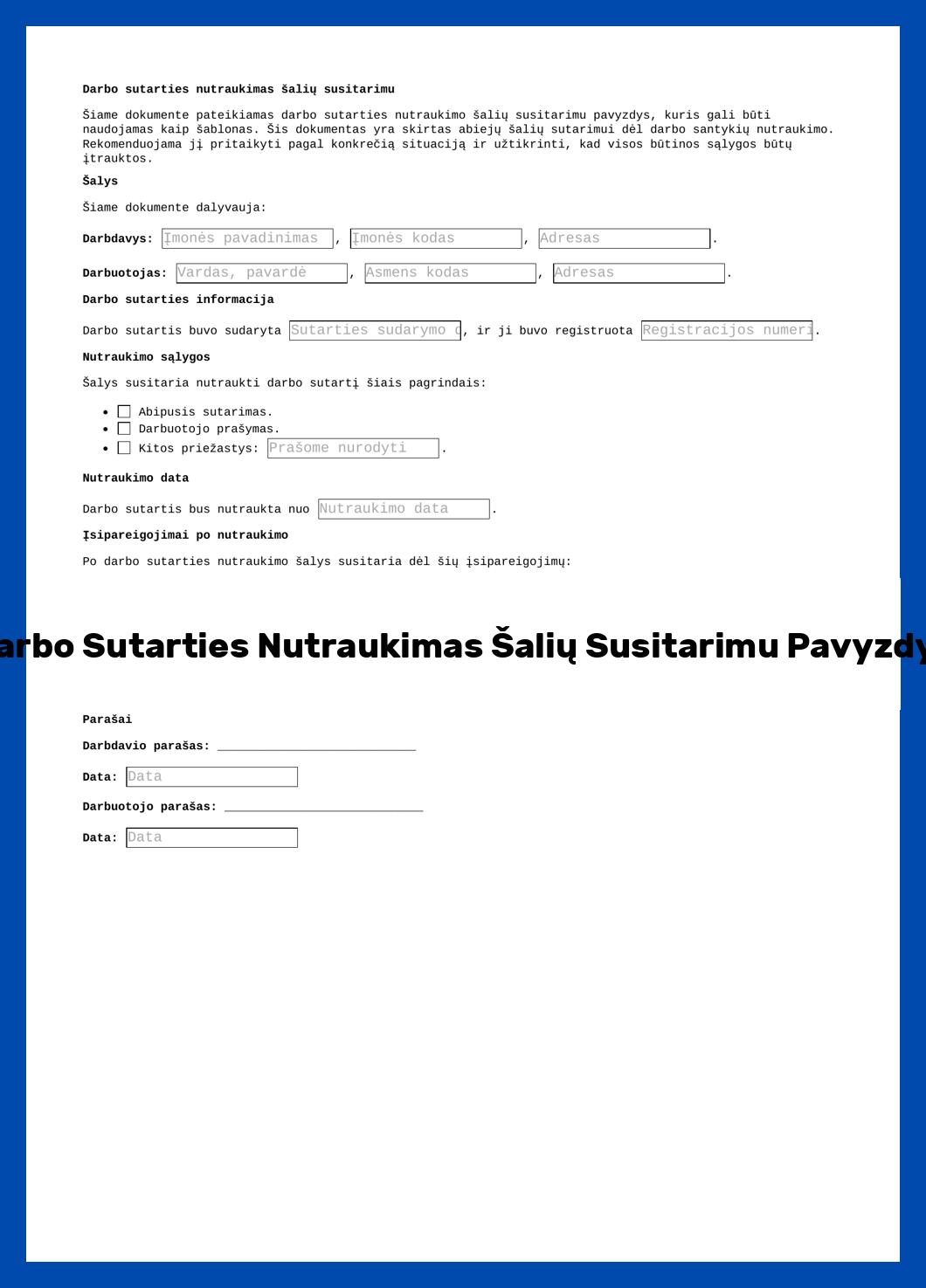 Darbo Sutarties Nutraukimas Šalių Susitarimu Pavyzdys