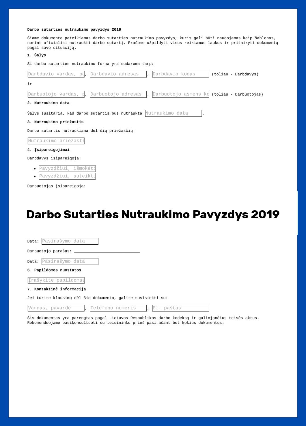 Darbo Sutarties Nutraukimo Pavyzdys 2019