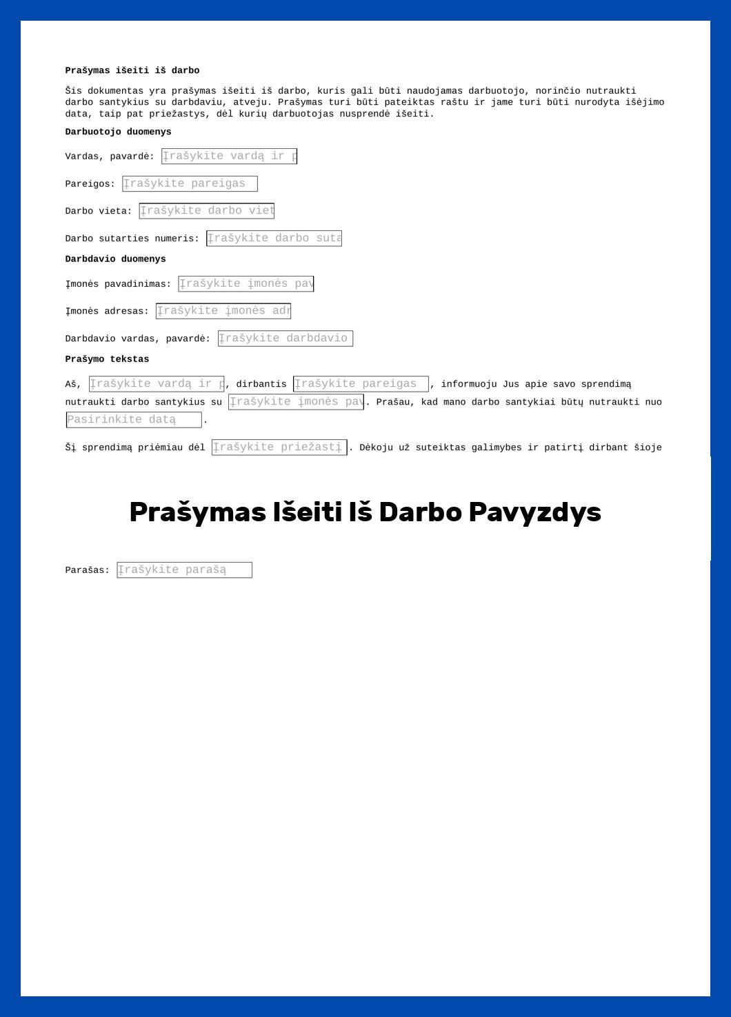 Prašymas Išeiti Iš Darbo Pavyzdys