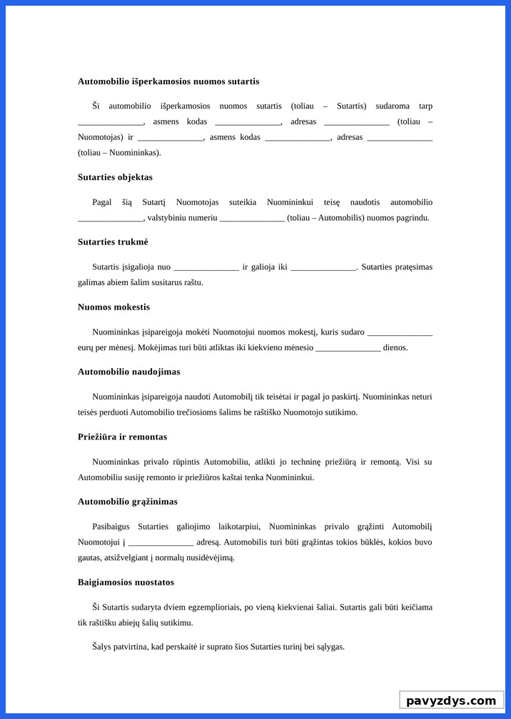 Automobilio Išperkamosios Nuomos Sutartis Pavyzdys