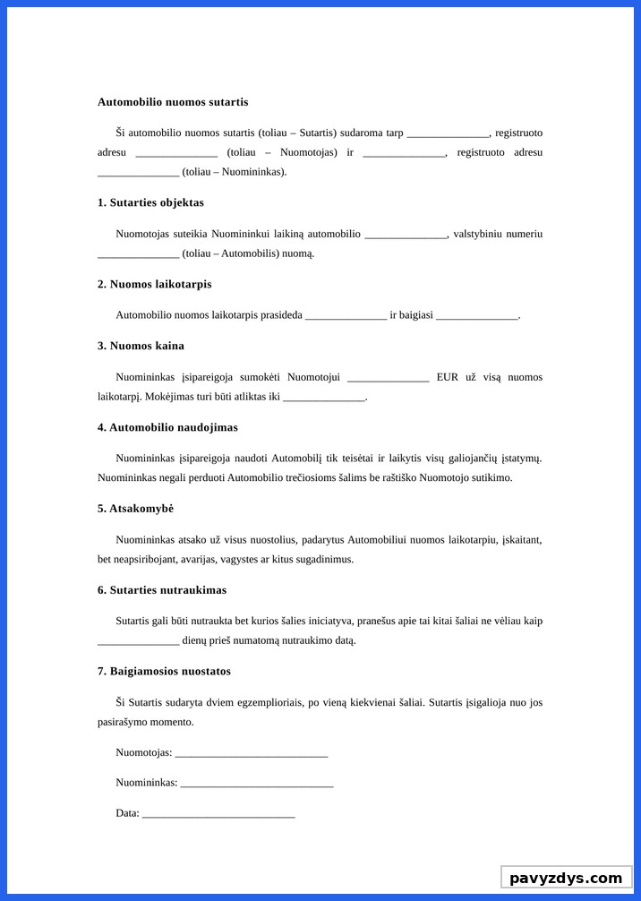 Automobilio Nuomos Sutartis Pavyzdys