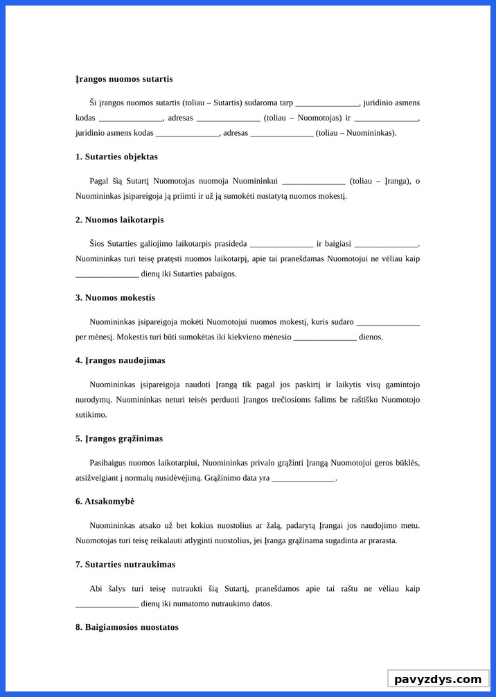 Įrangos Nuomos Sutartis Pavyzdys