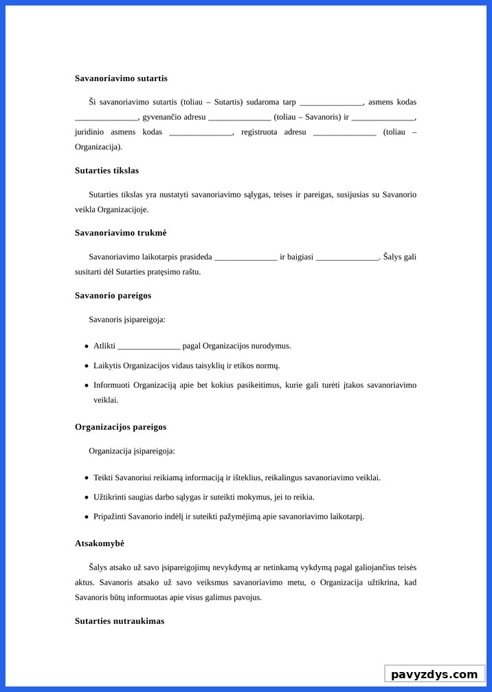 Savanoriavimo Sutartis Pavyzdys